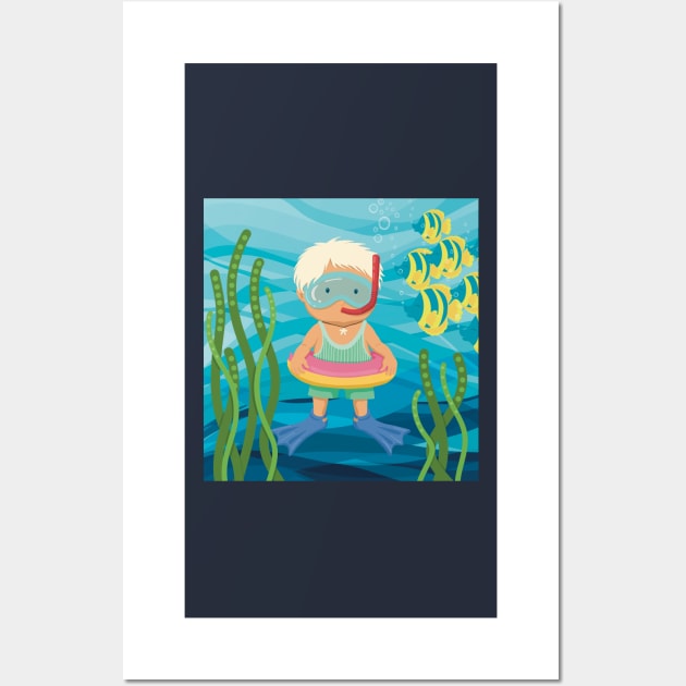 Cute little boy is on vacation  snorkeling in the turquoise sea Wall Art by marina63
